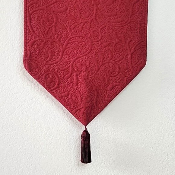 Dark Red Patterned Table Runner with Tassels Elegant Christmas Holiday - Picture 3 of 8